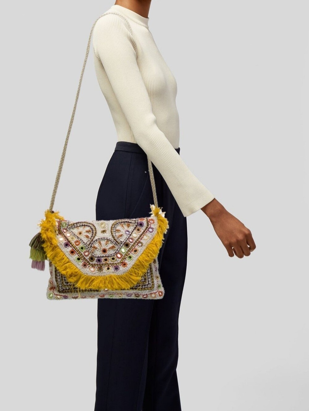 ANTIK BATIK Boho Embroidered Mirror Work Banjara Crossbody Bag - Yellow Fringe: